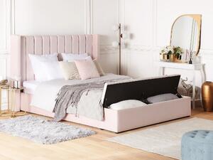 Růžová čalouněná sametová postel s malým úložným prostorem 160 x 200 cm NOYERS