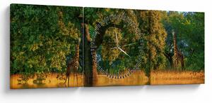 Obraz žiraf v přírodě (s hodinami) (90x30 cm)