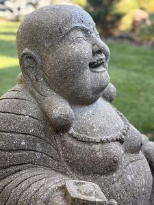 Socha šťastný Buddha Bodhidharma – ručně tesaná z vulkanického kamene, Bali (60 a 80 cm)