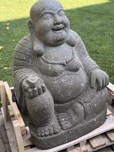 Socha šťastný Buddha Bodhidharma – ručně tesaná z vulkanického kamene, Bali (60 a 80 cm)