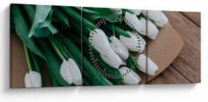 Obraz kytice bílých tulipánů (s hodinami) (90x30 cm)