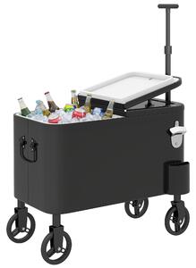 Outsunny chladicí vozík na kolečkách 56 l s nastavitelnou rukojetí, otvírákem a nádobkou na zátky, vypouštěcím uzávěrem — zahradní/BBQ vozík na nápoje