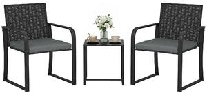 Outsunny 3-Piece Outdoor Rattan Patio Set — 2 Cushioned Chairs & Tempered Glass Side Table, Weather-Resistant, Gray | Aosom