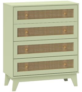HOMCOM komoda se 4 zásuvkami a ratanovými předními plochami, světlé dřevo a zelená — 80 × 35 × 95 cm | Aosom