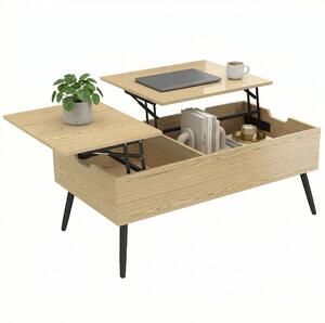 HOMCOM konferenční stolek s výsuvnými deskami, úložným prostorem a kovovými nohami — obývací pokoj/kancelář, 100,1 x 50,0 x 57,9 cm, přírodní dřevěný