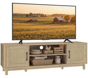 HOMCOM ratanový TV stolek 135 cm pro televizory do 165 cm (65") — 2 ratanová dvířka, otevřené police, boho dub | Aosom