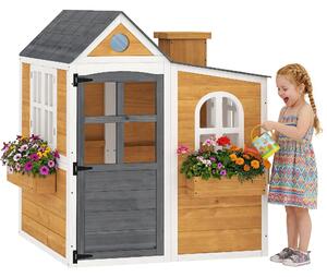 AIYAPLAY dětský venkovní dřevěný domeček s dveřmi, okny a 3 truhlíky – odolný proti počasí, 125,5 × 119 × 126 cm, žlutý | Aosom
