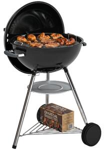 Outsunny 21" Round Portable Charcoal Grill with Lid, Thermometer, Dual Charcoal Boxes, Lower Shelf, Ash Collector, Handles & Wheels — Black | Aosom