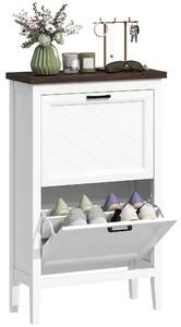 HOMCOM Slim Tilt-Out Shoe Cabinet with 2 Flip Drawers, Adjustable Shelves, Rustic Farmhouse, Fits 8–12 Pairs, White | Aosom