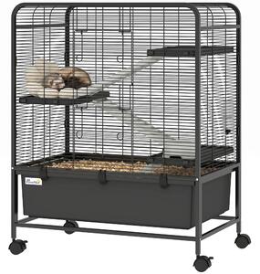 Ocelová klec PawHut pro malé zvířata, 4 patra, plošiny, rampy a kolečka — napáječka, miska a vyjímatelný podnos, 75 x 46 x 94,5 cm, černá (vhodné pro