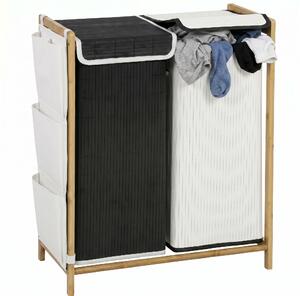 HOMCOM bambusový koš na prádlo 120 l s víkem — 2 přihrádky, odnímatelné pratelně pytle, boční kapsy — černá/bílá, 63 x 33 x 78 cm | Aosom