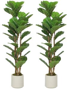 HOMCOM sada 2 umělých fíkusů (Fiddle Leaf Fig), 120 cm, 45 listů, plastové květináče a dřevěné kmínky, dekorativní rostliny do bytu a kanceláře | Aoso