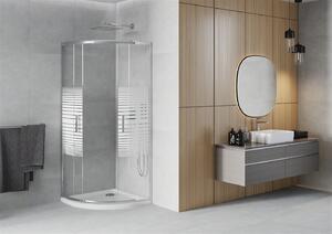 Mexen Rio, čtvrtkruhový sprchový kout s posuvnými dveřmi 90 x 90 cm, 5mm čiré sklo-pásky, chromový profil + bílá sprchová vanička, 863-090-090-01-20-4110