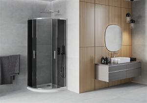 Mexen Rio, čtvrtkruhový sprchový kout s posuvnými dveřmi 80 x 80 cm, 5mm šedé sklo, chromový profil + bílá sprchová vanička, 863-080-080-01-40-4110