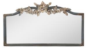 Velké zrcadlo v modro-šedém rámu s patinou s květinovou aplikací ve vrchní části – 69x4x39 cm