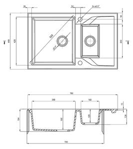 Deante Andante, granitový dřez 780x490x194 mm + prostorově úsporný sifon, 1,5komorový, černá, ZQN_N513