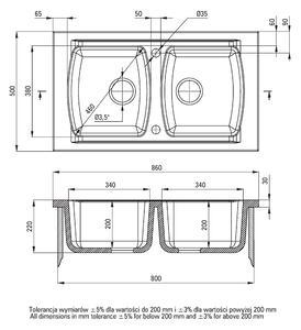 Deante Lusitano, keramický dřez 860x500x240 mm + sifon, 2-komorový, bílá, ZCL_620N