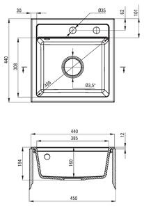 Deante Zorba, granitový dřez 440x440x184 mm B/O, 3,5" + prostorově úsporný sifon, 1-komorový, bílá, ZQZ_A103