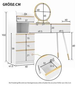 Kvalitní toaletní stolek s LED osvětlením, velkým zrcadlem, 6 zásuvkami a elegantním designem, ideální do ložnice i obývacího pokoje, barva bílá, rozměry 102 x 100 x 41,5 cm