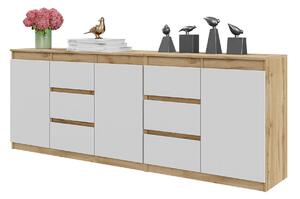 Komoda MIKEL Dub Wotan / Bílá Mat - Velká Komoda se 6 Zásuvkami a 3 Dvířky, Sestava Komod Š200 x V75 x H35 cm