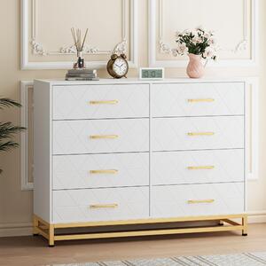 Komoda se zásuvkami, boční skříňka, univerzální, prostorná, barva bílá, materiál: dřevovláknitá deska (MDF/dřevotříska), stabilní kovový rám