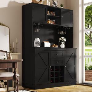 Černý kuchyňský příborník s nastavitelnými policemi, policí na víno, 4 dvířky a 2 zásuvkami – praktický příborník do kuchyně a obývacího pokoje