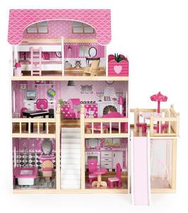 Domeček pro panenky s terasou a skluzavkou, 18 kusů dřevěného nábytku ECOTOYS HM014075