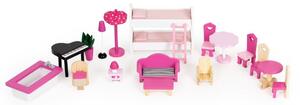 Domeček pro panenky s terasou a skluzavkou, 18 kusů dřevěného nábytku ECOTOYS HM014075