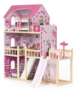 Domeček pro panenky s terasou a skluzavkou, 18 kusů dřevěného nábytku ECOTOYS