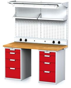 Dílenský stůl MECHANIC I + 2x závěsný box, nástavba, police, el. zásuvky a osvětlení , 8 zásuvek, 1500x700x880 mm, červené dveře