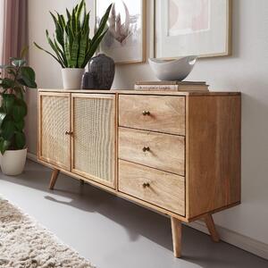 FineBuy Sideboard Mango Masivní dřevo 140 cm 2 dveře a 3 zásuvky - Masivní retro komoda s vídeským proutním - Designový pírodní píborník - Runí výroba