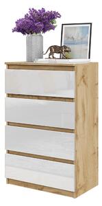 Vysoká komoda se 4 zásuvkami - dub Wotan / bílý vysoký lesk 92 cm, ideální do obývacího pokoje a lonice