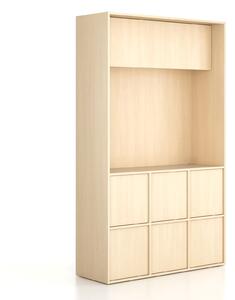 Kancelářská skříň FRAME, 6x dveře, prostor pro TV, 1299 x 450 x 2162 mm, kódový zámek, bříza