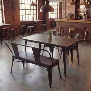 Jídelní set HWC-H10, 2xEsszimmerstuhl Sitzbank Esszimmertisch Kunstleder Ulme Holz MVG Industrial Gastronomie brown