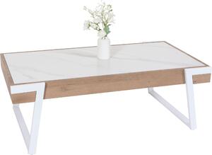 Konferenní stolek HWC-L89, rozkládací stolek do obývacího pokoje, elezo 43x120x64cm slinutý kámen mramorový vzhled bílé pírodní dřevo