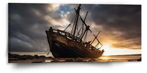 Sablio Obraz Vrak lodi při západu slunce - 110x50 cm