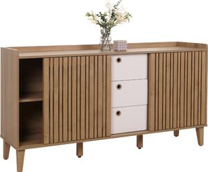 Píborník HWC-M48, komoda, úloný prostor s posuvnými dvemi, MDF 81x150x40cm pírodní, zásuvky bílé