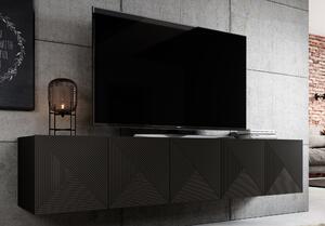 Závěsná TV skříňka Asha 200 cm s drážkovaným čelem - černý mat