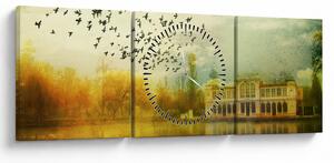 Obraz malované krajiny se sídlem (s hodinami) (90x30 cm)