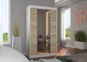Šatní skříň se zrcadlem 120 cm FABRA - bílá / dub sonoma