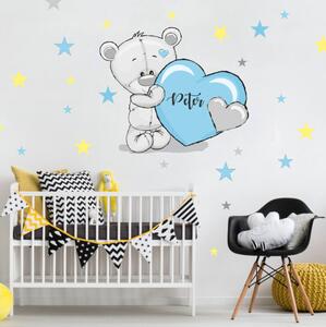 INSPIO-textilní přelepitelná samolepka - Samolepka na zeď - Šedý plyšový medvídek s modrými a žlutými hvězdami