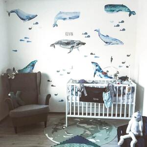 INSPIO-textilní přelepitelná samolepka - Dětské samolepky na zeď - Samolepicí tapeta s velrybami a jménem
