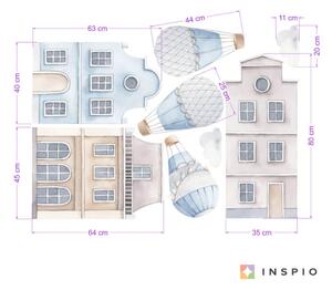 INSPIO-textilní přelepitelná samolepka - Samolepky do dětského pokoje - Modré domky s horkovzdušnými balóny