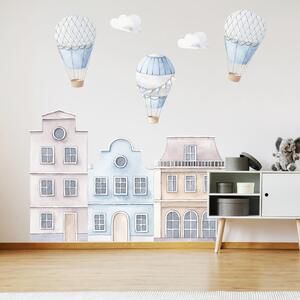 INSPIO-textilní přelepitelná samolepka - Samolepky do dětského pokoje - Modré domky s horkovzdušnými balóny