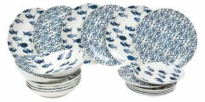 VILLA D’ESTE HOME Servis talířů Playa Grande 18 kusů, porcelán, 2 dekory, modrá/bílá
