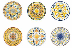 VILLA D’ESTE HOME TIVOLI Set kulatých talířů Sicilia 6 kusů, žlutá/modrá, geometrické tvary, 33cm