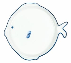 VILLA D’ESTE HOME Designový jídelní talíř Open Fish, bílá, modré lemování, 22 x 20 cm