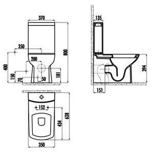 SAPHO - LARA WC kombi, spodní/zadní odpad, včetně splachovacího mechanismu, černá mat (LR360)