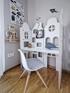 Dřevěný stůl ve tvaru domku 2v1 do dětského pokoje Zvolte barvu stran: Bílá, Zvolte barvu polic: Nelakovaná