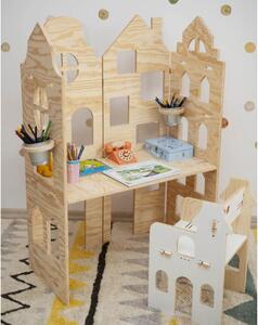 Dřevěný stůl ve tvaru domku 2v1 do dětského pokoje Zvolte barvu stran: Růžová, Zvolte barvu polic: Růžová